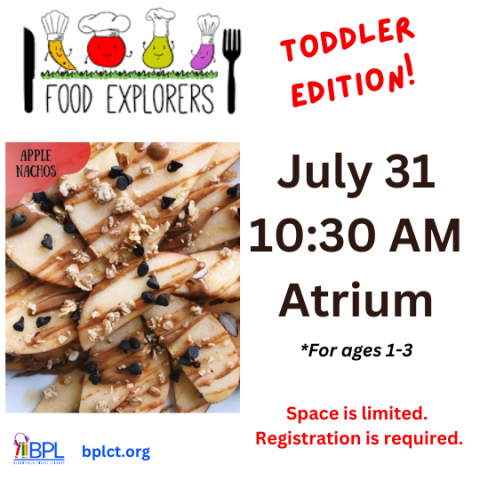 apple slices drizzled with toppings for toddler food class on july 31