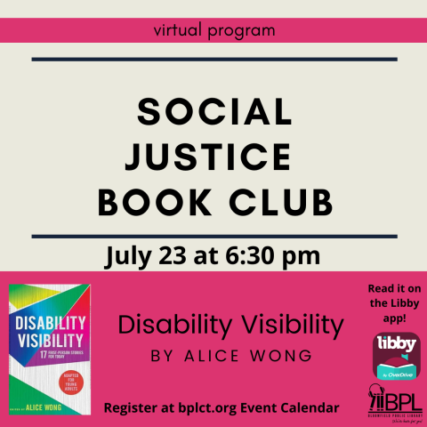 Image of the book cover of Disability Visibility by Alice Wong, Book is cream colored background with dark pink, purple, turquoise, and yellow geometric shapes.