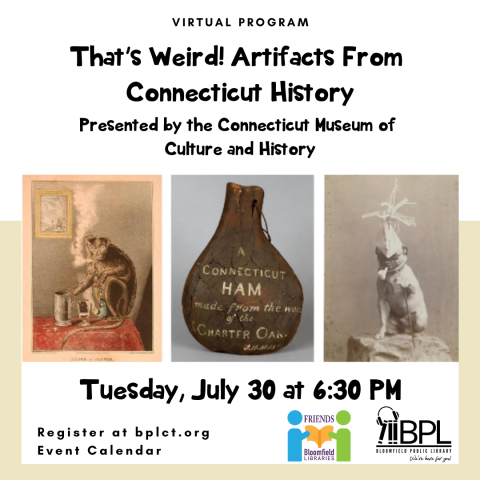 Photos of the Connecticut Museum of Culture and History's weird historical artifacts: a Connecticut ham, a painting of a monkey smoking, and a cat with a party hat and a noisemaker