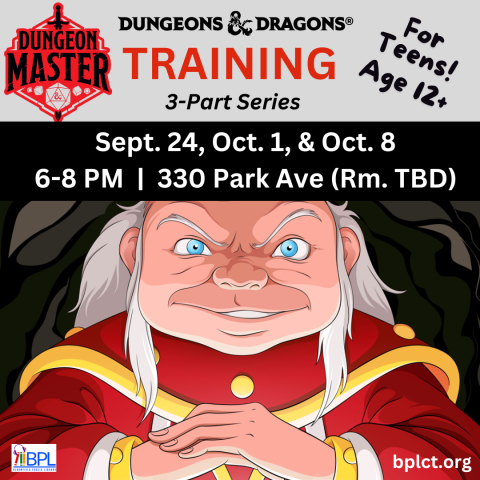 Dungeons and dragons dungeon master training 3 part series for teens ages 12 and up september 24 october 1 and october 8 6 to 8 p m at 330 park avenue image of dungeon master from cartoon