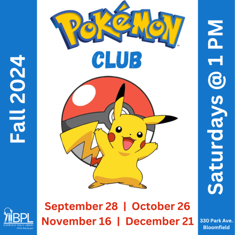 fall 2024 Pokemon club saturdays at 1 p m image of pikachu and poke ball