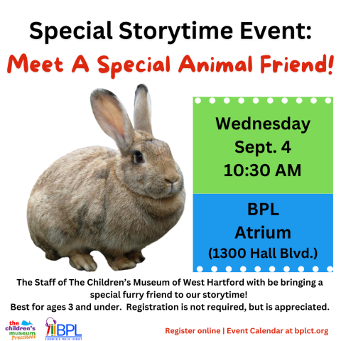 special storytime event meet a special animal friend wednesday september 4 at 10 30 a m image of rabbit