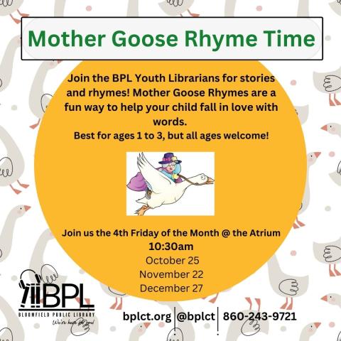 a flyer version of the program information with mother goose riding on a goose imposed over a mustard colored dot with drawings of geese all over the background