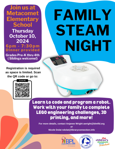 family steam night october 10 at 6 p m at metacomet elementary school with children's museum of west hartford image of finch robot