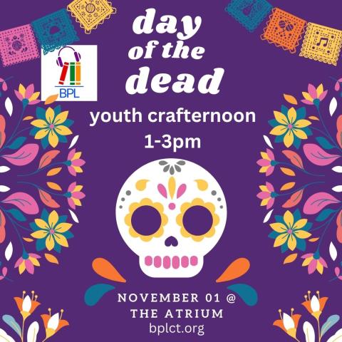 a flyer for this program, purple background, decorated white sugar skull, colorful flags and flowers decorate the sides, tops and bottoms of the flyer