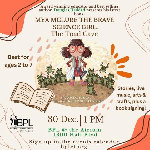 flyer on a beige background with orange corners top left and bottom right, in the center is a circle and inside the circle is a young girl with curly brown hair and glasses, with hands on hips surrounded by toads with a open book on the left edge of the bottom on the picture.  Lettering is majority brown, with green and orange.