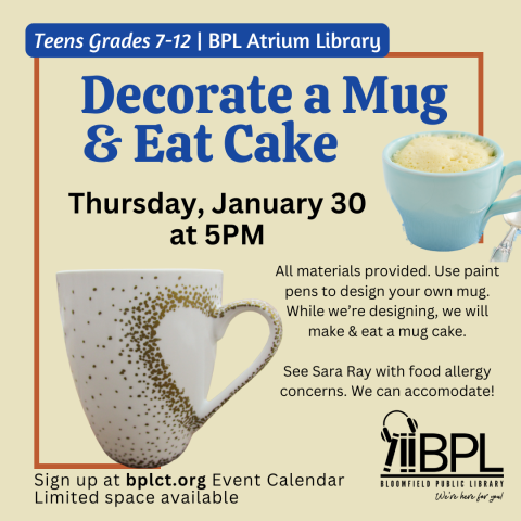 a decorate mug in gold paint with a yellow mug cake and words advertising the teen event on january 30