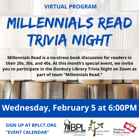 books background with special event millennials read trivia night and library logots