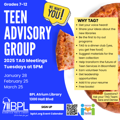 pizza in background behind reasons for joining tag with friends of the library logo as sponsors