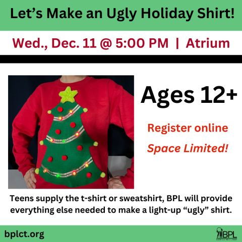 let's make an ugly holiday shirt for ages 12 and up image of red sweatshirt with green tree and holiday lights