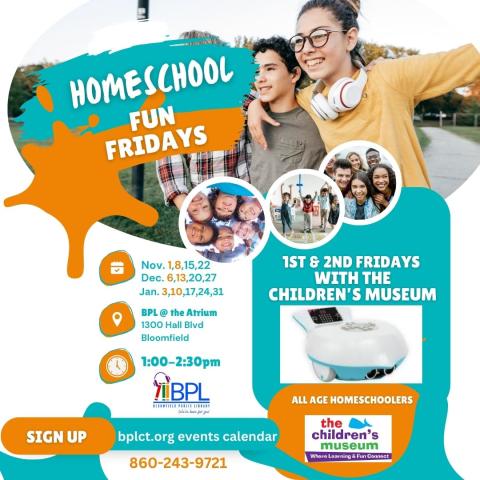 flyer with program information white background with orange and teal accent colors, has all program information plus pictures of children from preschool to teen, a picture of a finch robot, as well as the Children's Museum logo