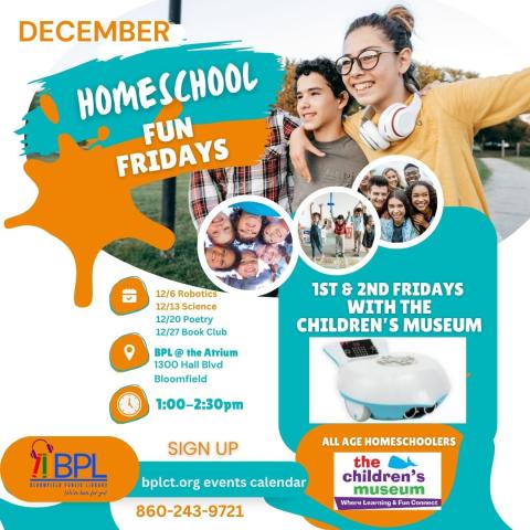 flyer with program information white background with orange and teal accent colors, has all program information plus pictures of children from preschool to teen, a picture of a finch robot, as well as the Children's Museum logo