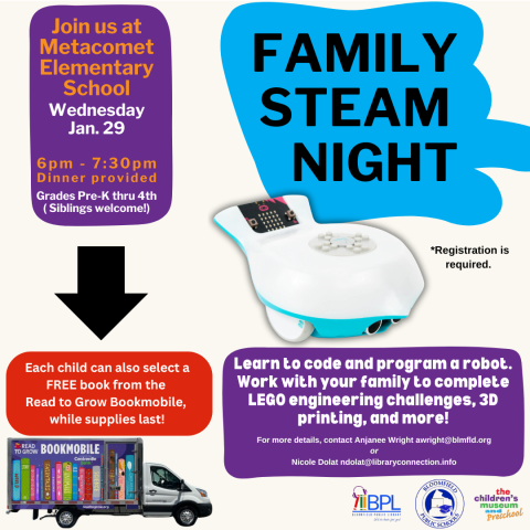 family steam night january 29 image of robot and read to grow bookmobile