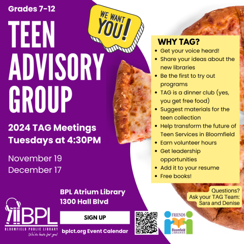 pizza in background with Why Tag reasons friends of the library logo as sponsors