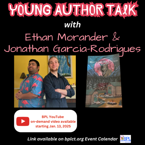 young author talk with ethan morander and jonathan gardian rodrigues image of the authors and their book blue lands black hearts