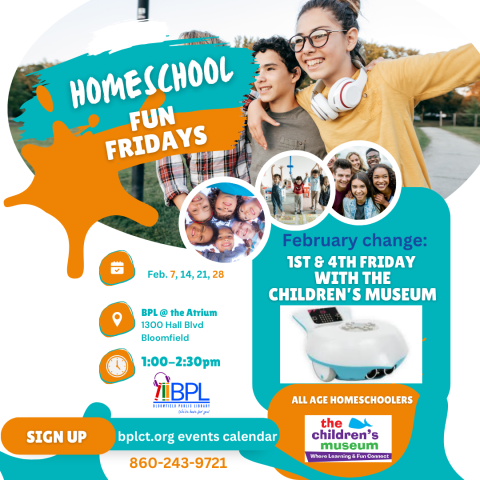 flyer with program information white background with orange and teal accent colors, has all program information plus pictures of children from preschool to teen, a picture of a finch robot, as well as the Children's Museum logo.