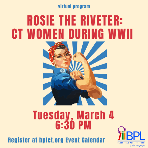 graphical image of Rosie the Riveter facing front flexing right bicep, wearing red kerchief and royal blue short sleeve shirt