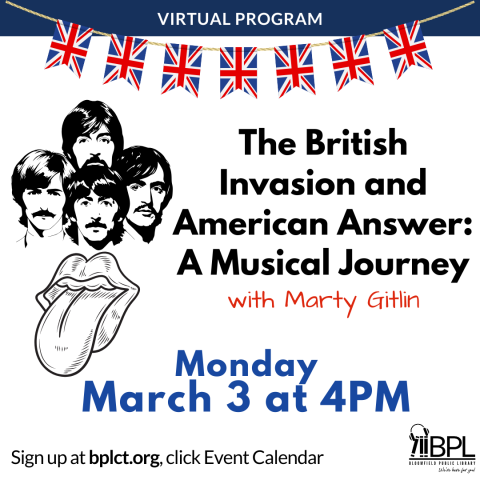 rolling stones logo of tongue and beatles band sketch with UK flag top border for british invasion and american answer virtual program on march 3