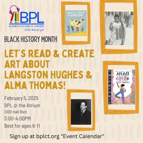 a beige wallpaper background with gold picture frames around pictures of the book, There was a Party for Langston, a black and white photo of Alma Thomas, the picture book cover of Ablaze with Color A Story of Painter Alma Thomas, and a black and white picture of Langston Hughes.