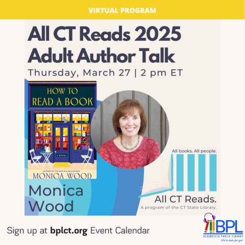 photo of monica wood and book cover of how to read a book with all ct reads logo