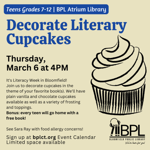 silouette of cupcake with words about decorating literary cupcakes on march 6 at 4pm for teens