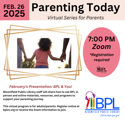 white background with beige and pink bar at top advertising the date and time, askew picture frames with picture of a young girl holding 2 adult hands, pink oval with information about the time of the program, BPL logo in bottom right corner.