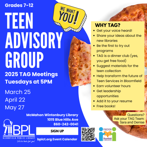 pizza and a list of reasons to join BPL's Teen Advisory Group
