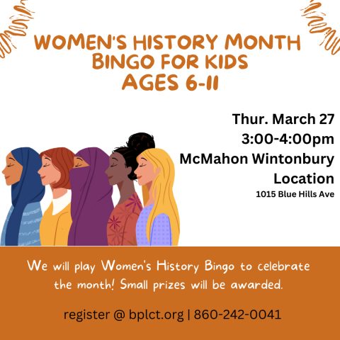 White background with a light brown bottom quarter, top right and left has brown squiggly lines, five women of different ethnicities are displayed on the left side of the page, and information on the top, right, and bottom.