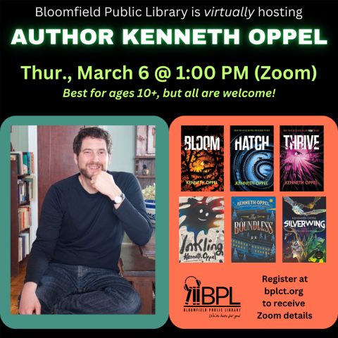 Virtual Visit from Author Kenneth Oppel on zoom thursday march 6 at 1:00 PM image of author and some of his young adult books