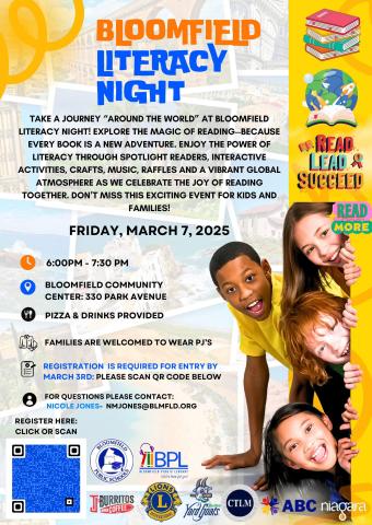 Flyer from the Bloomfield School District about Community Literacy background of natural scenes from around the globe, with a yellow bar down the right side with children of a variety of ethnicities peeking out, and a list at the bottom of sponsors, Bloomfield Public Schools, Bloomfield Public Library, TJ Burritos, Yard Goats, Bloomfield Lion's Club, Bloomfield ABC, Niagara, CTLM.