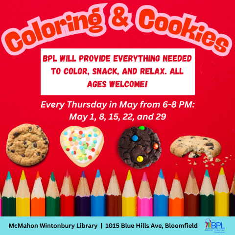 Coloring and cookies thursdays in May image of colored pencils and cookies