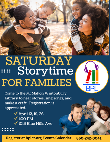 Scenes of smiling families together on the top and bottom right with the Bloomfield Public Library logo in between.