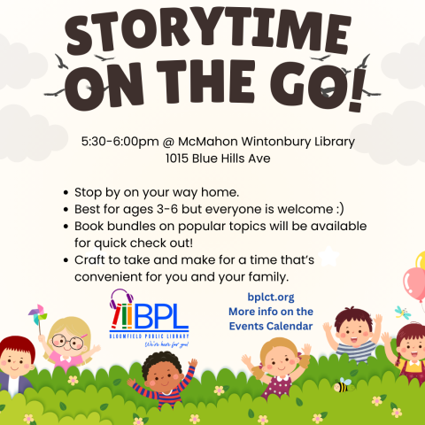 On a beige background birds are flying around the black font of Storytime on the Go, at the bottom the BPL logo, we are here for you, and diverse children are popping up out of a grassy area.