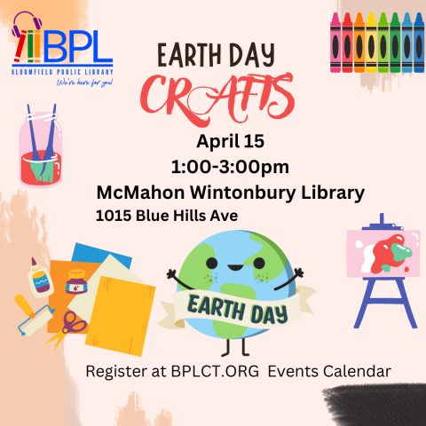 A flyer promoting the program, with crayons top right corner, below that canvas on a frame, a personified globe with an earth day sash, to the left of the globe paper, glue, and above that a jar with water and paintbrushes.