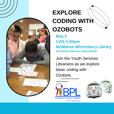 Flyer with a picture of children using Ozobots to code.