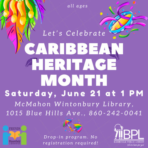 graphical images of Caribbean carnival celebration: drums, tambourine, greenery