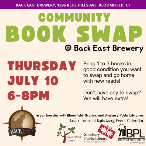 logos for back east brewery, granby library, simbury library, and bloomfield library for community book swap on july 10 at back east