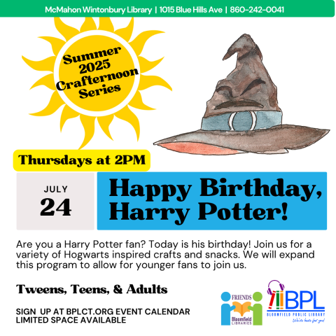 large sun advertising summer crafternoon series with hogwarts inspired sorting hat for harry potter's birthday on july 31