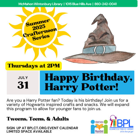 large sun advertising summer crafternoon series with hogwarts inspired sorting hat for harry potter's birthday on july 31