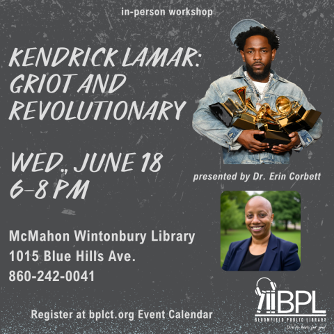 Rapper Kendrick Lamar holding multiple Grammy awards; headshot of Dr. Erin Corbett