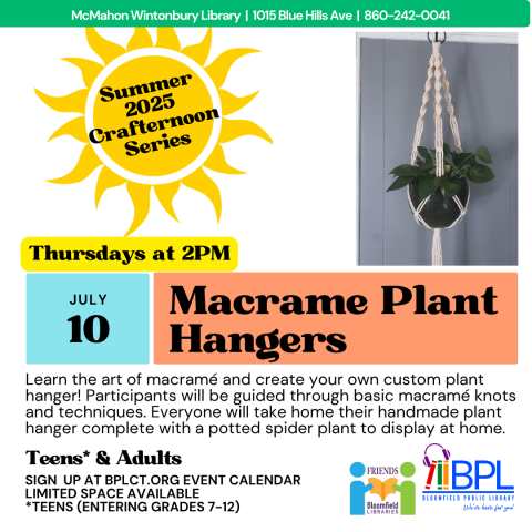 white rope hanger with plant inside and large sun advertising summer crafternoon series