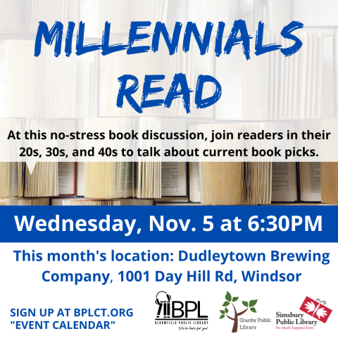 books in background with this month's location at dudleytown brewing in windsor