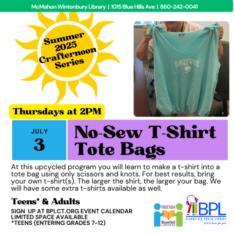 big sun advertising summer crafternoon series with photo of a t-shirt that was turned into a tote bag with Tanglewood logo