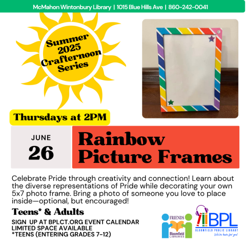 white picture frame with rainbow decorative tape and large sun advertising the summer crafternoon series