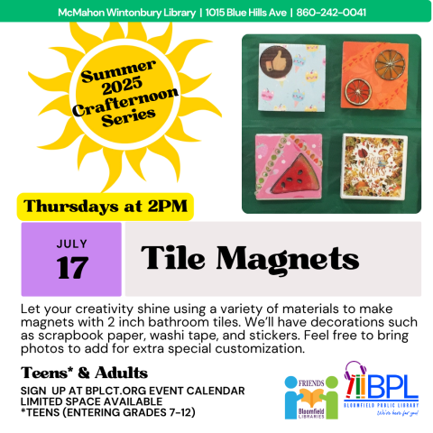 large sun advertising summer crafternoon series with four tile magnet examples using stickers and decorative paper