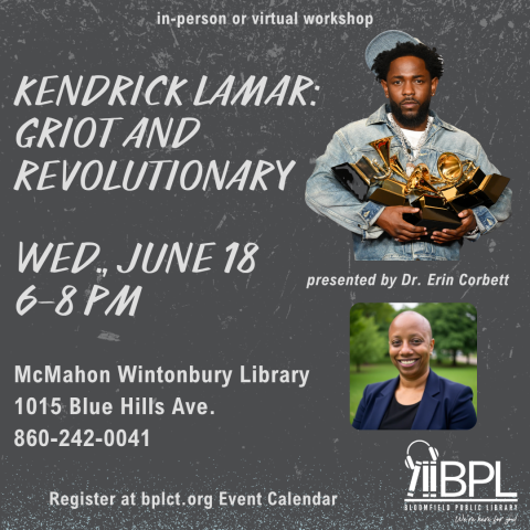 Rapper Kendrick Lamar holding multiple Grammy awards; headshot of Dr. Erin Corbett