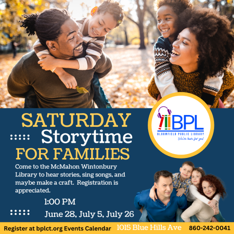 Scenes of smiling families together on the top and bottom right with the Bloomfield Public Library logo in between.
