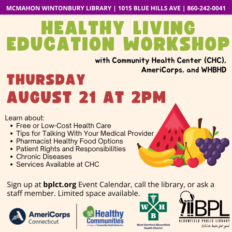 fruit and description of healthy living workshop at mcmahon wintonbury library on may 14 at 2pm