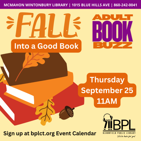 pile of books with leaves and in purple and orange text fall into a good book adult book buzz on september 25 at 11am at 