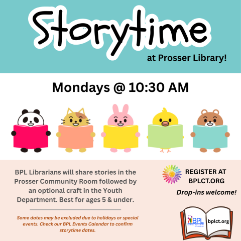 storytime at prosser library image of animals holding books mondays at 10 30 a m